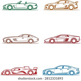 Collection of six colorful side-view car illustrations featuring a convertible roadster, modern sports coupe, classic grand tourer, retro wedge supercar, racing prototype, and luxury sedan. Perfect for automotive decals, posters, apparel, stickers, Cricut, and branding projects.