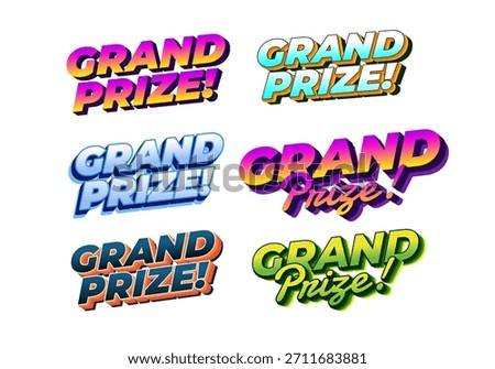 A collection of six colorful and stylized text designs featuring the phrase Grand Prize! in various fonts and color schemes.