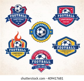 Collection of six colorful Vector football or soccer logo and insignias