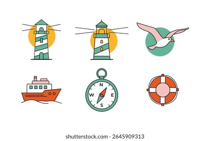 Uma coleção de seis ícones vetoriais coloridos relacionados com o mar, incluindo faróis, uma gaivota voadora, um navio de cruzeiro, uma bússola e uma boia salva-vidas.