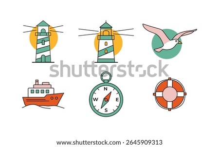A collection of six colorful vector icons related to the sea, including lighthouses, a flying seagull, a cruise ship, a compass, and a lifebuoy.