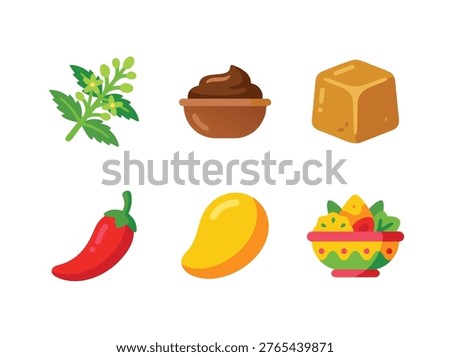 A collection of six colorful vector icons depicting various elements of Indian culinary culture including basil, tamarind paste, jaggery, red chili, fresh mango, and a traditional decorated bowl.