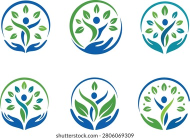 Collection of six colorful wellness logos featuring human figures, green leaves, circular frames, and protective hands. Ideal for healthcare centers, wellness clinics, eco organizations, rehabilitation services, charities, and natural health branding.
