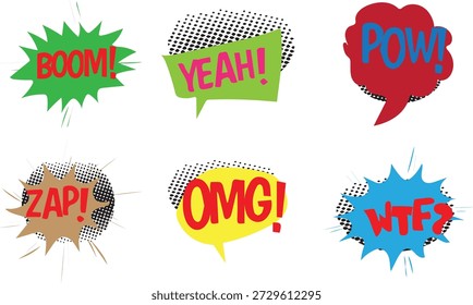 Coleção de seis bolhas de fala estilo quadrinhos coloridos com palavras onomatopeia vibrantes como boom yeah pow zap omg e wtf representando várias expressões altas.