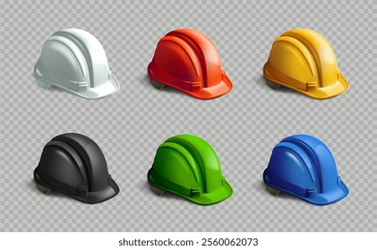 A collection of six construction helmets in various colors: white, red, yellow, black, green, and blue, displayed on a transparent background.