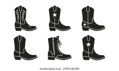 Collection of six cowboy and western boot silhouette icons with silhouette