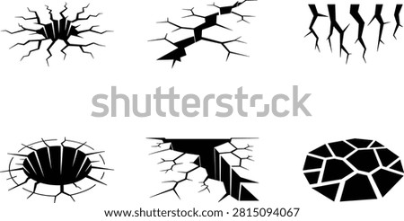 Collection of six cracked surface illustrations depicting fractures, fissures, burst cracks, dried mud patterns, and broken ground textures for geological or design projects