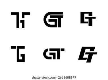 A collection of six creative logo designs, all utilizing the letters "G" and "T" in a modern, typography-driven style. These designs are suitable for various businesses or brands 