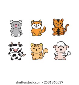 A collection of six cute cartoon animals, including a koala, fox, tiger, cow, cat, and sheep, drawn in a playful style.