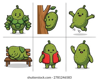 Collection of six cute cartoon jackfruit characters in various poses and outfits