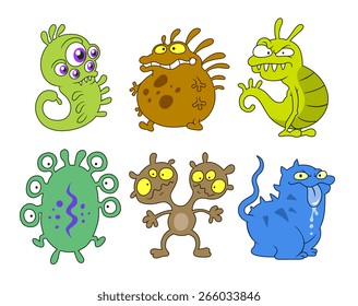 Collection of six cute cartoon microbes isolated.