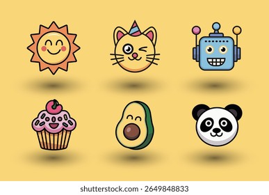 A collection of six cute, cartoonish icons featuring a smiling sun, a party cat, a robot, a cupcake, an avocado, and a panda, all isolated on a white background.
