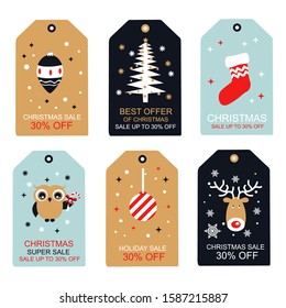 Collection of Six Cute and Cheerful Merry Christmas and Happy New Year Sales Tags for Product Promotion - Vector Illustration on Gray Background - Printable and Editable - 30% OFF