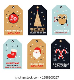 Collection of Six Cute and Cheerful Merry Christmas and Happy New Year Sales Tags for Product Promotion - Vector Illustration on Gray Background - Printable and Editable - 40% OFF