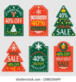 Collection of Six Cute and Cheerful Merry Christmas and Happy New Year Sales Tags for Product Promotion - Vector Illustration on Gray Background - Printable and Editable