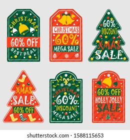 Collection of Six Cute and Cheerful Merry Christmas and Happy New Year Sales Tags for Product Promotion - Vector Illustration on Gray Background - Printable and Editable