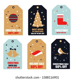 Collection of Six Cute and Cheerful Merry Christmas and Happy New Year Sales Tags for Product Promotion - Vector Illustration on White Background - Printable and Editable -60% OFF