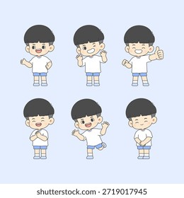 Una colección de seis lindos personajes de estilo chibi que muestran diversas emociones y poses. Vestidos con simples camisetas blancas y pantalones cortos azules, los personajes expresan alegría a través de gestos de saludo, vítores y pulgares hacia arriba, lo que los hace ideales para diseños de mascotas amigables o contenido educativo.