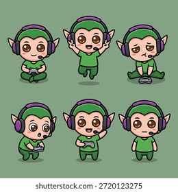 Colección Video de seis personajes de elfos lindos jugando juegos con auriculares y controladores.