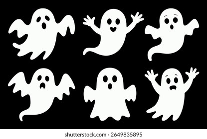 Collection of six cute and friendly white ghost characters in silhouette style
