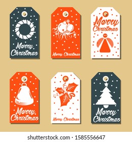 Collection of Six Cute Merry Christmas and Happy New Year Gift Tags - Vector Illustration on Brown Background - Printable and Editable