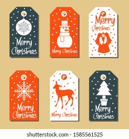 Collection of Six Cute Merry Christmas and Happy New Year Gift Tags - Vector Illustration on Brown Background - Printable and Editable
