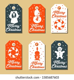 Collection of Six Cute Merry Christmas and Happy New Year Gift Tags - Vector Illustration on Brown Background - Printable and Editable