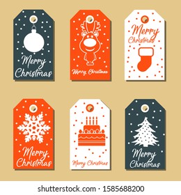 Collection of Six Cute Merry Christmas and Happy New Year Gift Tags - Vector Illustration on Brown Background - Printable and Editable