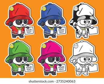 A collection of six cute panda mascots in urban hip hop style. Featuring bucket hats and blank signs for custom text. Perfect for stickers, t-shirts, and branding. High-quality vector art for modern streetwear designs.