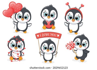 A collection of six cute penguins "I love you". Vector illustration of a cartoon.
