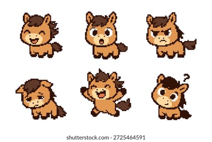 Collection of six cute pixel art horse character sprites showing different emotions such as happy, sad, angry, surprised, excited, and confused.