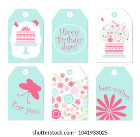 Collection of six cute redy-to-use gift tags. Set of 6 printable hand drawn birthday label in blue, white and pink. Vector badge design.