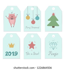 Collection of six cute redy-to-use gift tags. Set of 6 printable hand drawn label in light blue color . Perfect for Christmas presents. Vector badge design