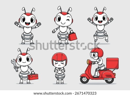 A collection of six cute robot ant characters in various poses. The set includes a superhero, a repairman, a delivery driver on a scooter, and other fun actions. Vector Illustration