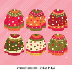 Collection of six cute vibrant hand drawn sweaters with winter decoration and pom-poms. Colorful holiday vector illustration.