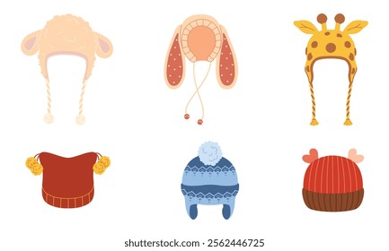 Collection of six cute winter hats with animal and festive designs. Cartoon illustration of warm knitted caps for kids and adults. Perfect for winter, Christmas, and seasonal themes.