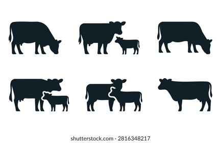 Collection of six dark blue silhouette illustrations of cows and calves on a white background