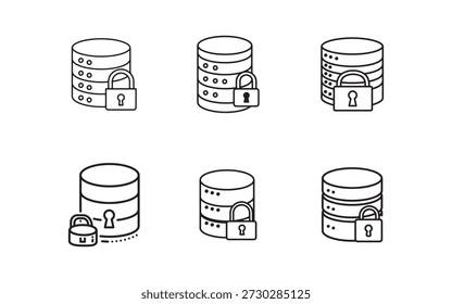 Collection of six database icons with lock symbols isolated on transparent background