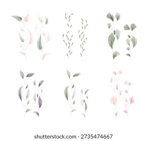 A collection of six delicate watercolor leaf illustrations showcasing varying green, pink, gray, and purple hues.