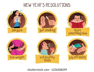 Collection of six designs and illustrations about new year´s resolutions.