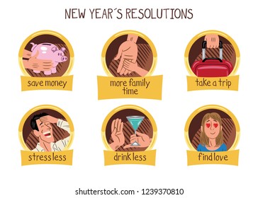 Collection of six designs and illustrations about new year´s resolutions.