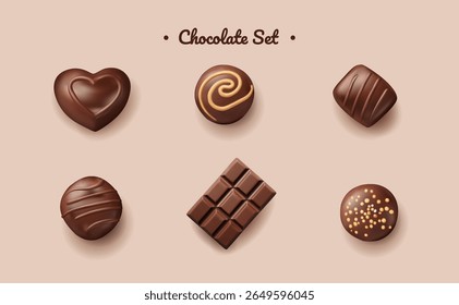 Uma coleção de seis pralines detalhadas de chocolate em várias formas e padrões dispostos ordenadamente em um fundo bege claro, mostrando a elegância de chocolates sortidos.