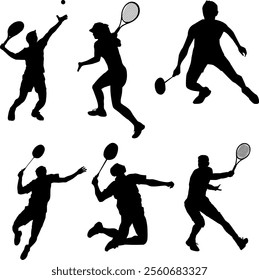 A collection of six detailed silhouettes showcasing dynamic poses of tennis and badminton players in action. Each figure captures athletic movement, 