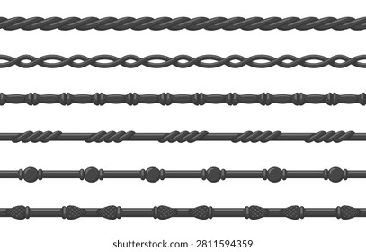 Collection of six detailed wrought iron decorative borders. Set of dark gray seamless patterns