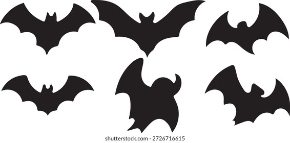 Coleção de seis diferentes silhuetas de morcego negro em voo, perfeito para conceitos assustadores e noturnos.