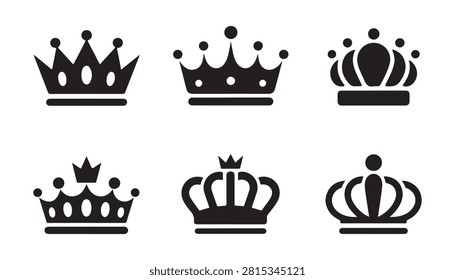 Collection of six different black crown illustrations; royal, king, queen and princess crown symbols in flat design.