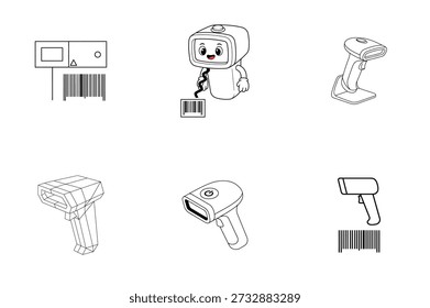 Collection of six different black and white line art vector illustrations of handheld and desktop barcode scanners and labels.