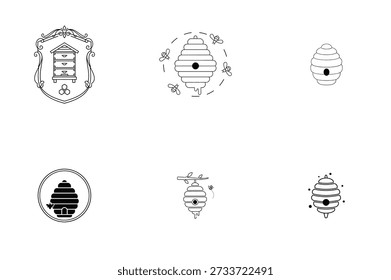 Colección de seis iconos de contorno de Vector en blanco y negro diferentes con colmenas, abejas y apiculturas.