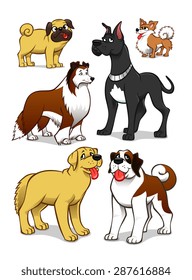 Collection of six  different cartoon vector dogs.