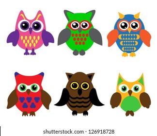 collection of six different colored cartoon owls on a white background